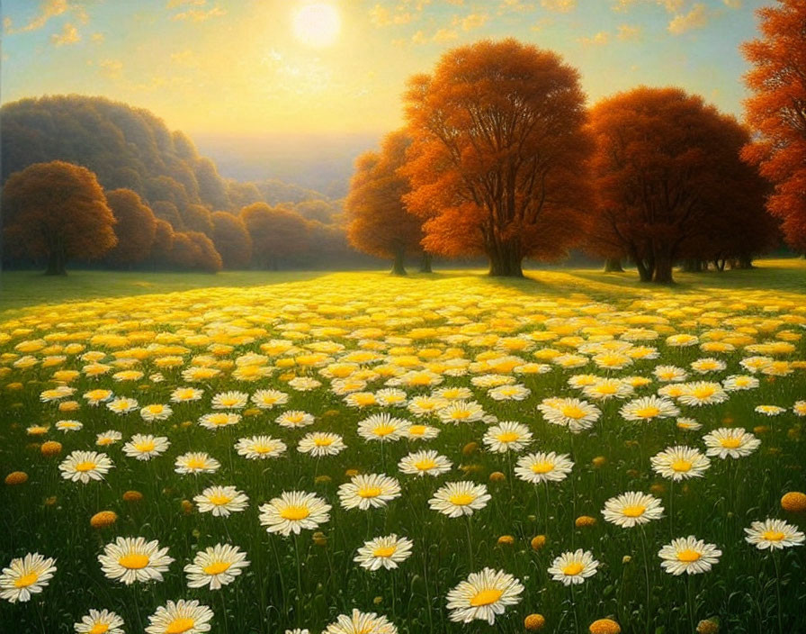 Tranquil landscape with blooming daisies and autumn trees