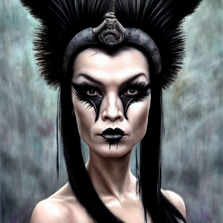 Digital painting of person with dramatic black and white makeup and ornate headdress