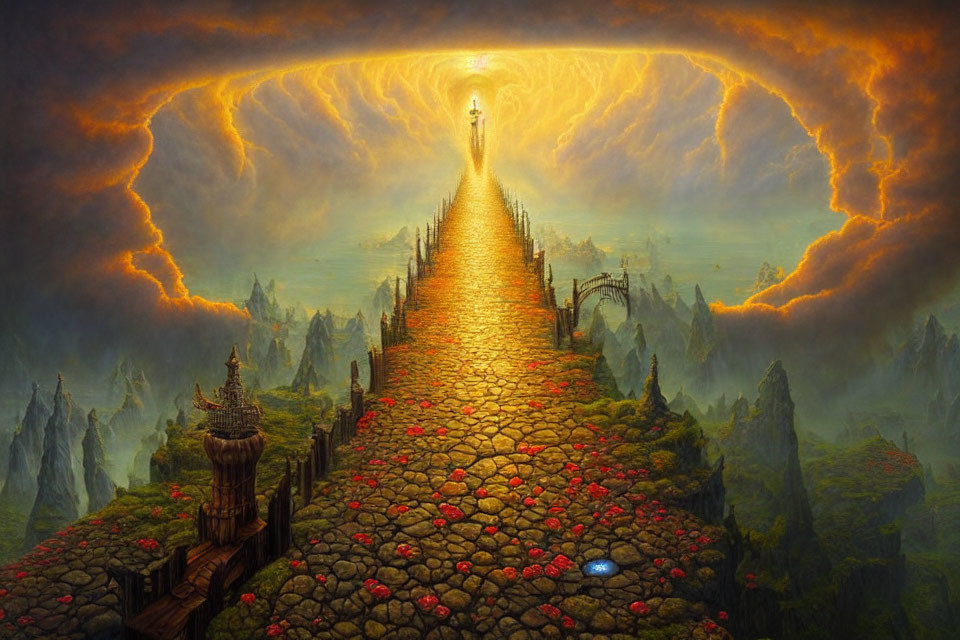 Fantastical landscape with glowing path and radiant figure under fiery sky.