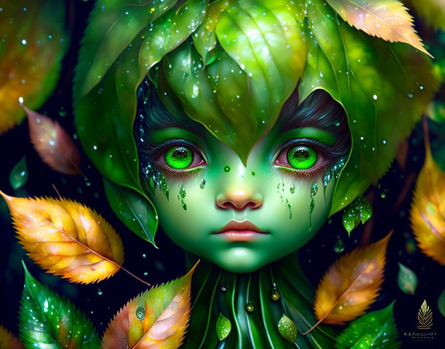 Fantasy creature with green eyes and leaf-like features in vibrant nature setting.