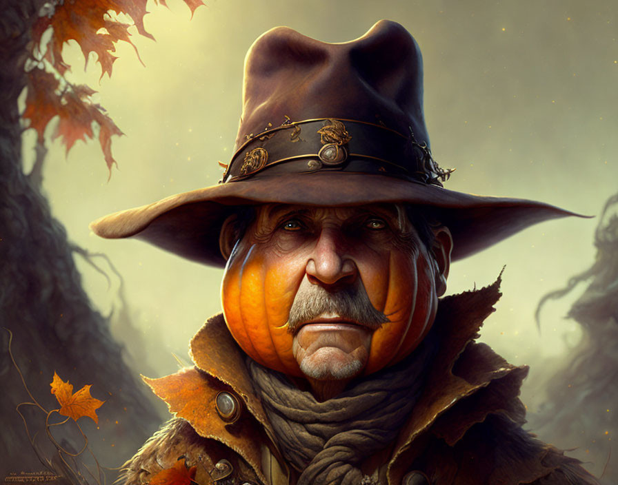 Character with Pumpkin Head in Tricorn Hat & Forest Setting