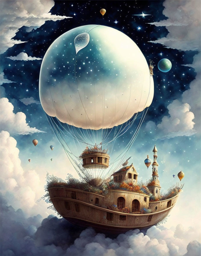 Architectural ship floating in sky with giant balloon and stars.