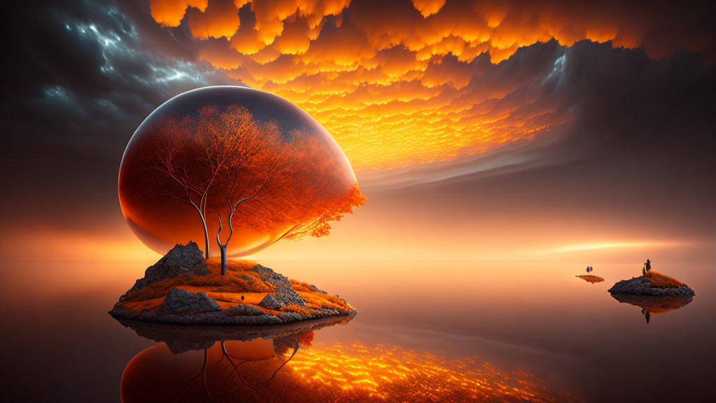 Surreal landscape with lone tree, large sphere, orange water, dramatic sky