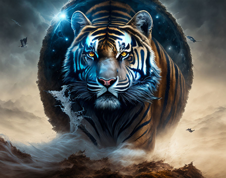 Majestic tiger in cosmic portal with swirling clouds and glowing light