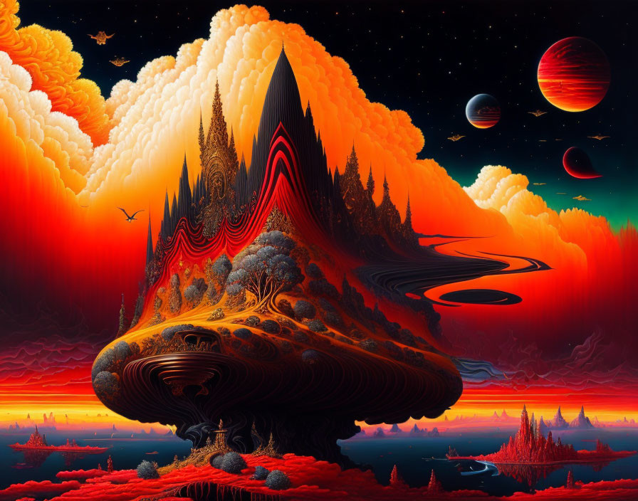 Surreal landscape with central mountain surrounded by clouds and planets