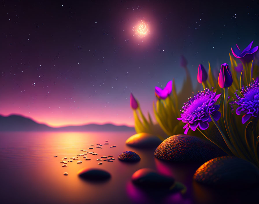 Tranquil lakeshore at twilight with tulips and starlit sky