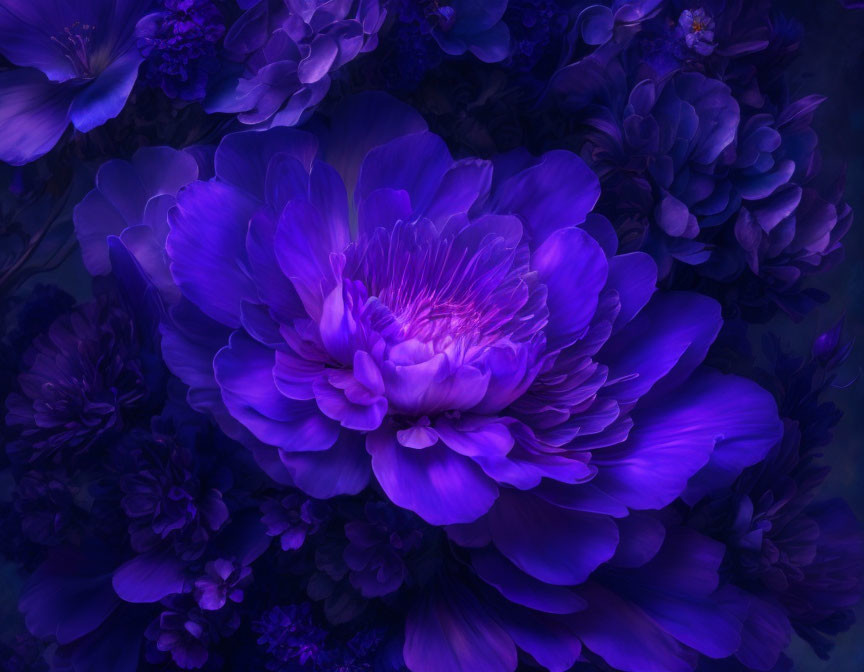 Vibrant Purple Flowers Close-Up on Dark Blue Floral Background