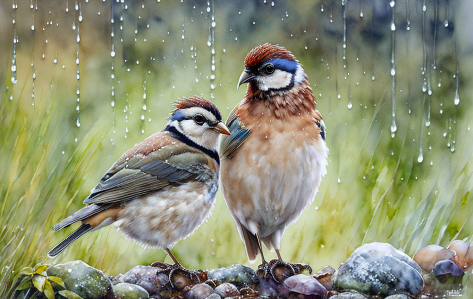 Sparrows perched on pebbles in falling rain with green backdrop