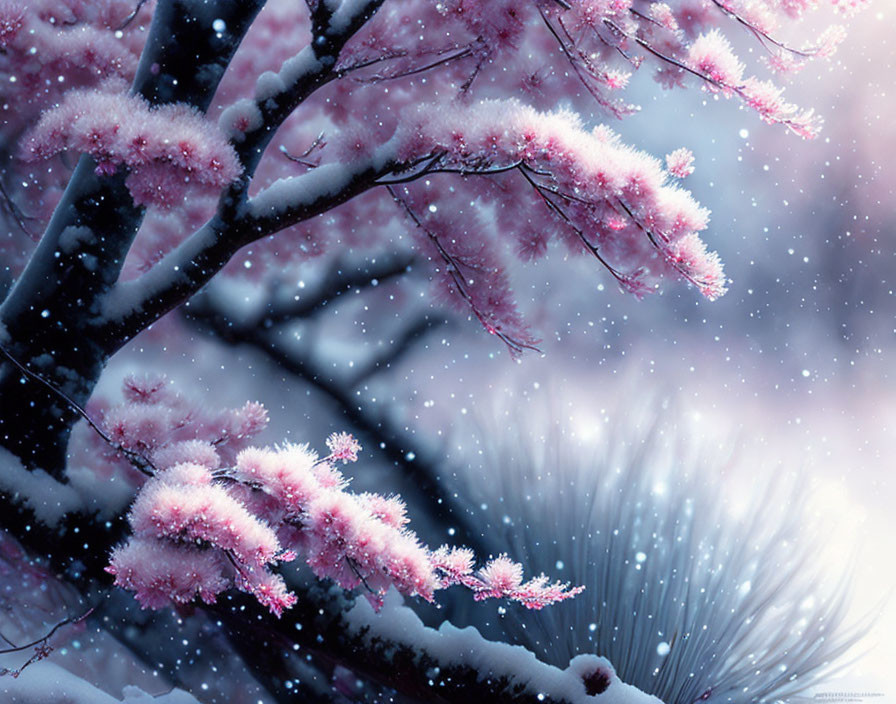 Pink cherry blossoms contrast with falling snowflakes and dark tree trunk