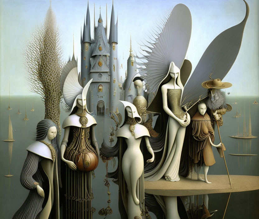 Surreal artwork: Figures in robes and masks with wings by fantasy castle