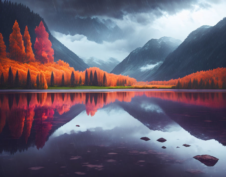 Vibrant autumnal lakeside forest with orange foliage reflected in calm water