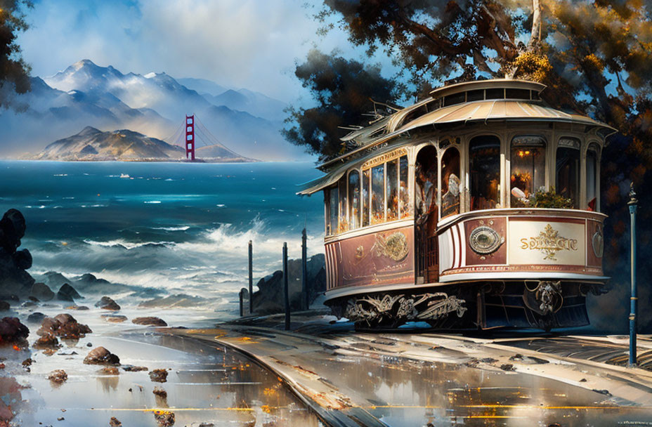 Vintage cable car near Golden Gate Bridge on serene coastline