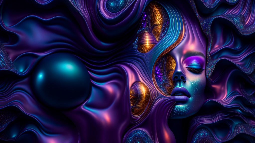 Vibrant surreal digital art blending woman's face with purple and blue abstract shapes.