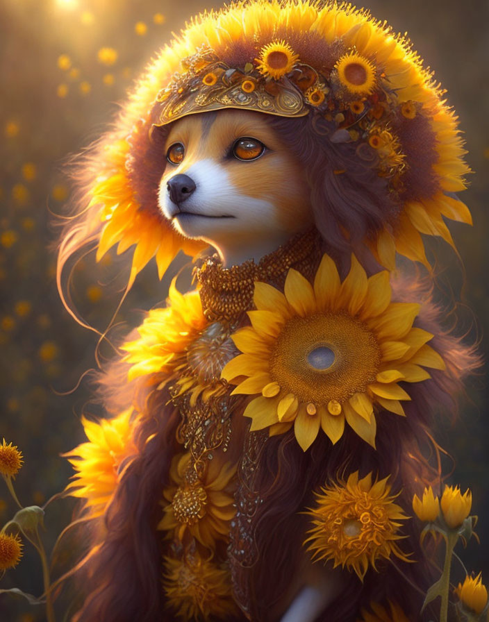 Fox in Sunflower Outfit in Golden Field