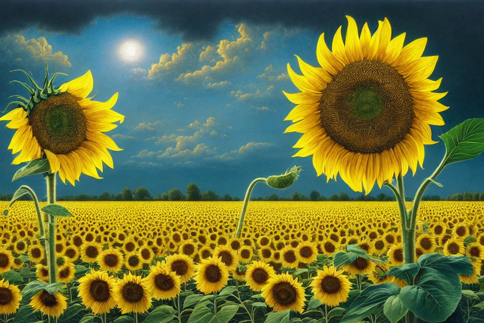 Sunflowers Field with Moon and Blue Sky Scene