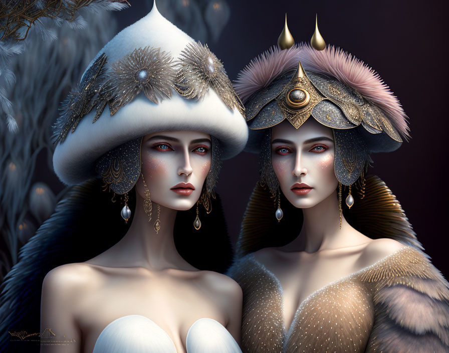 Ethereal women in ornate headdresses against dark backdrop