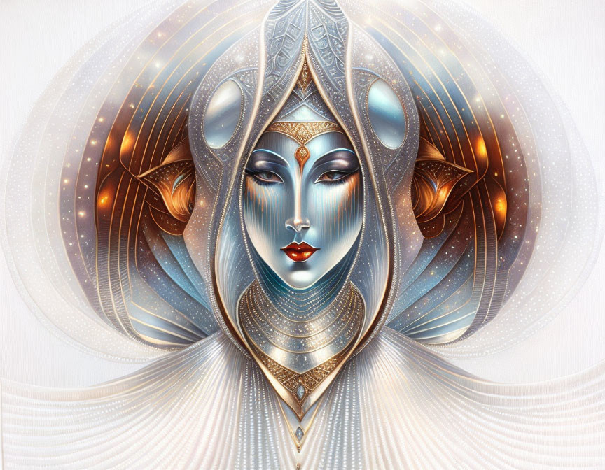 Symmetrical Fantastical Female Figure with Serene Expression in Blue, Gold, and White Tones