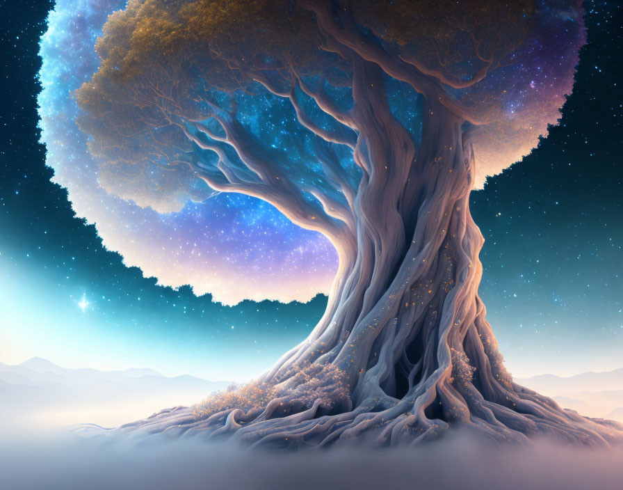 Majestic tree with star-filled canopy above misty mountains