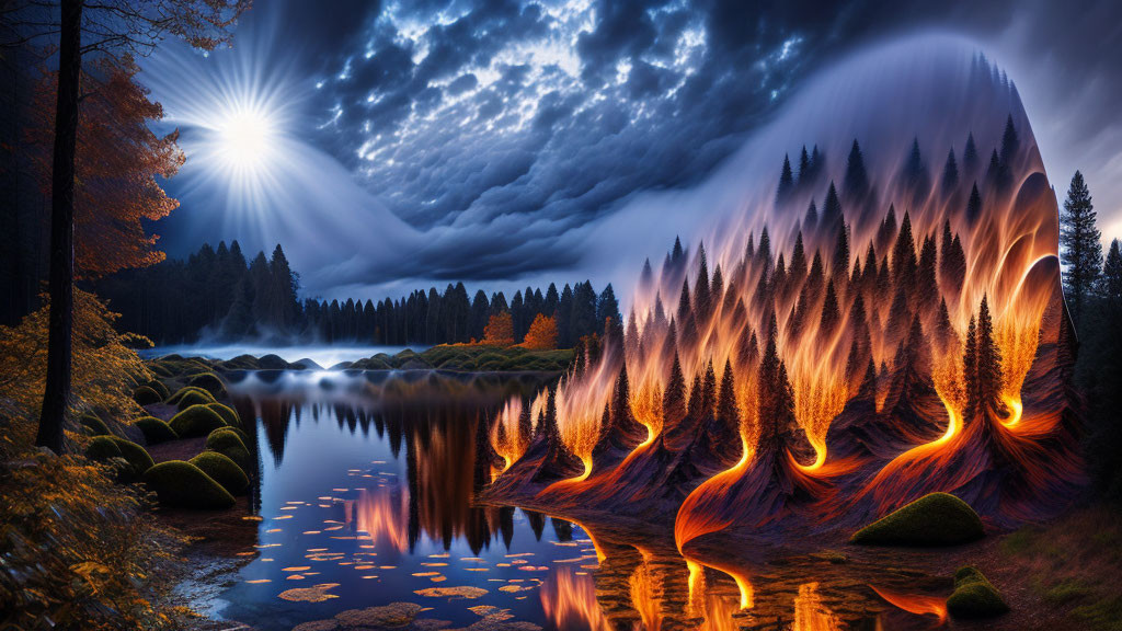 Fantastical landscape: forest fire under dramatic sky reflected in river