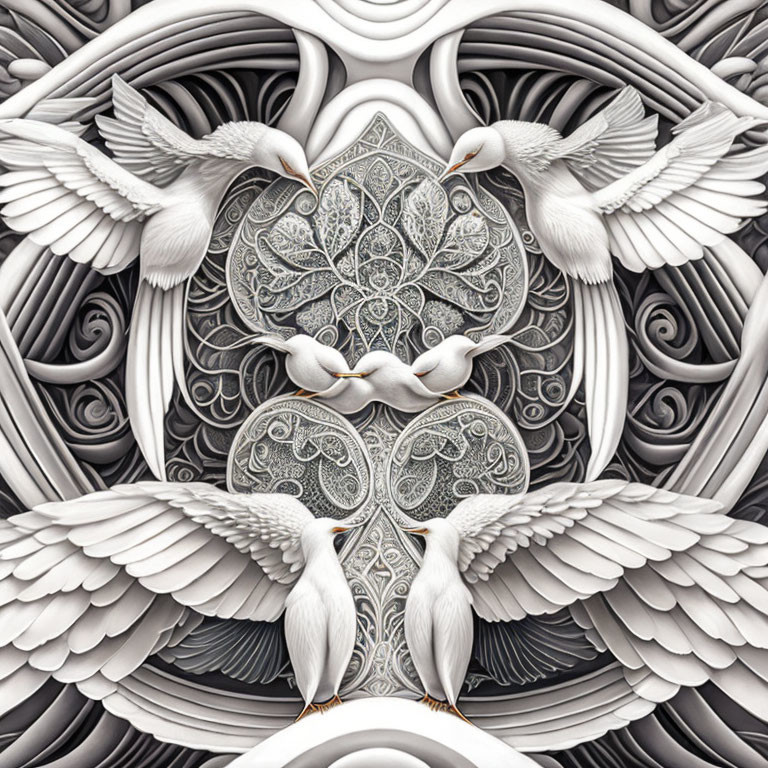 Symmetrical monochromatic artwork with doves and ornate centerpiece