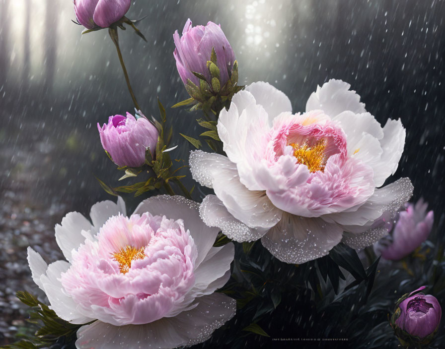 Dew-covered white and pink peonies in full bloom under rain