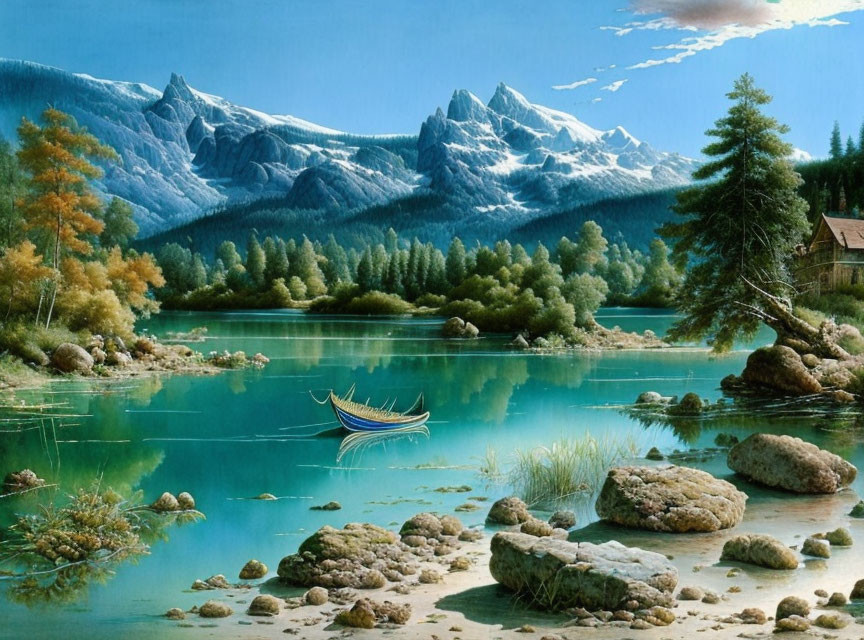 Tranquil lake landscape with canoe, mountains, and cabin