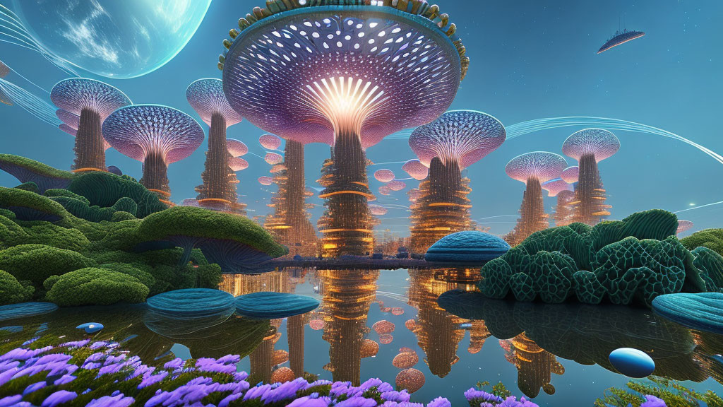 Vibrant flora and towering mushroom structures in a fantastical landscape