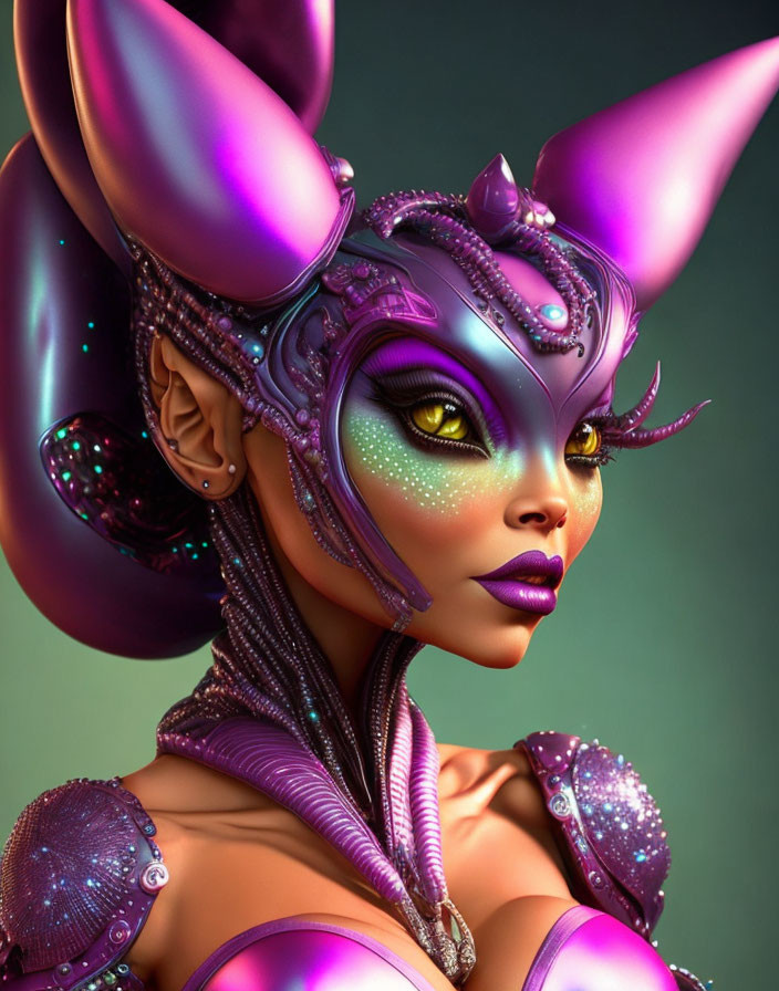 Fantasy digital art of female character in purple armor with pointed ears and yellow eyes