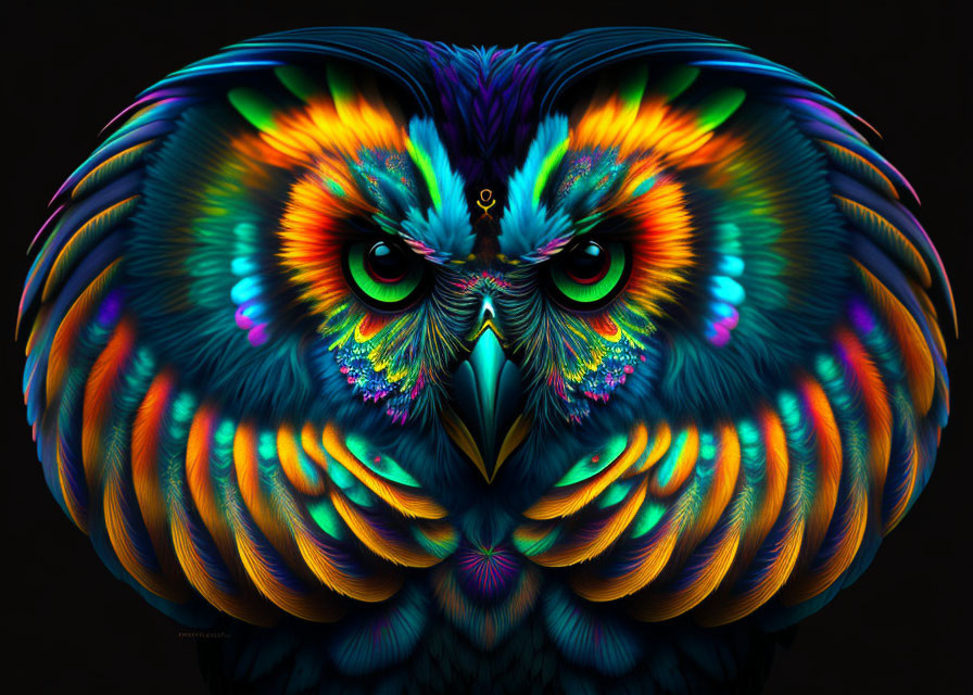 Symmetrical owl digital artwork in vibrant blue, orange, and green hues