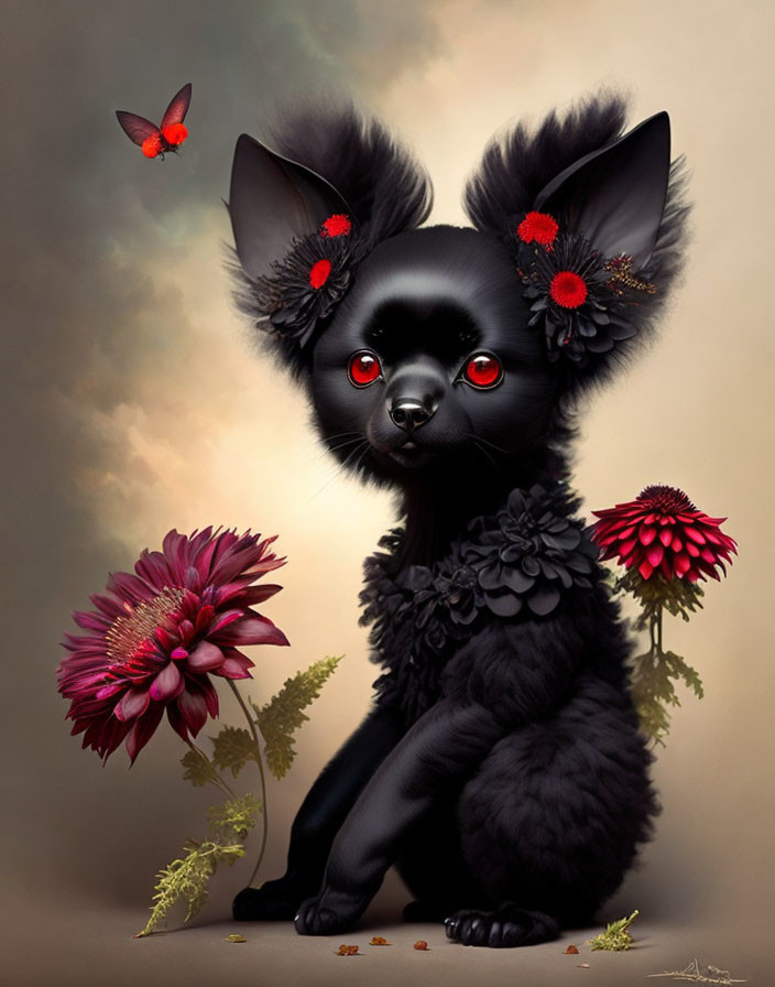 Illustration of a whimsical black creature with flowers, big ears, and red eyes