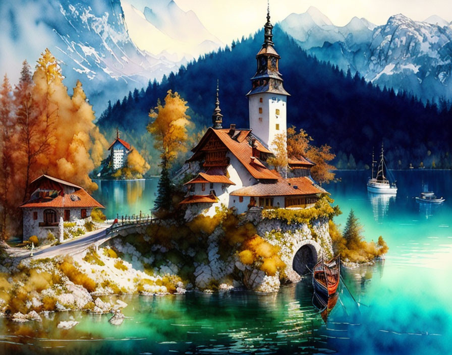 Church on islet surrounded by autumnal trees, clear water, Alps backdrop.