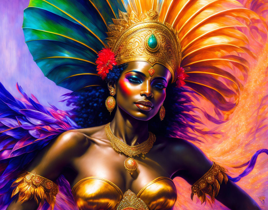 Colorful digital artwork of a regal woman with golden jewelry and feather headdress