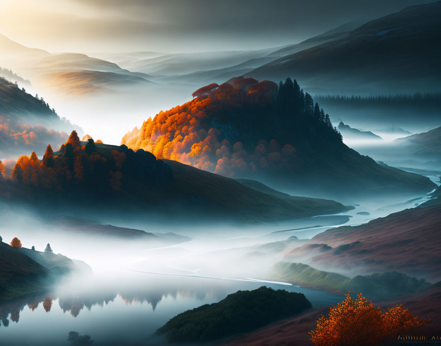 Misty sunrise valley with winding river and golden forest hill