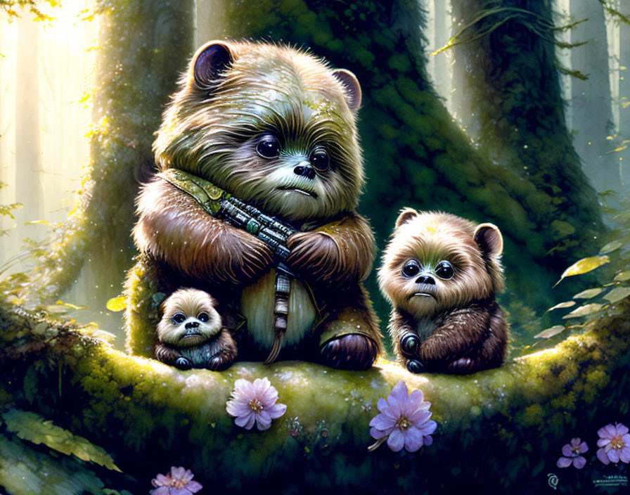 Three cute, furry creatures on mossy log in forest scene