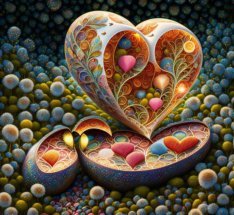 Heart-shaped object with intricate patterns in colorful, floral setting