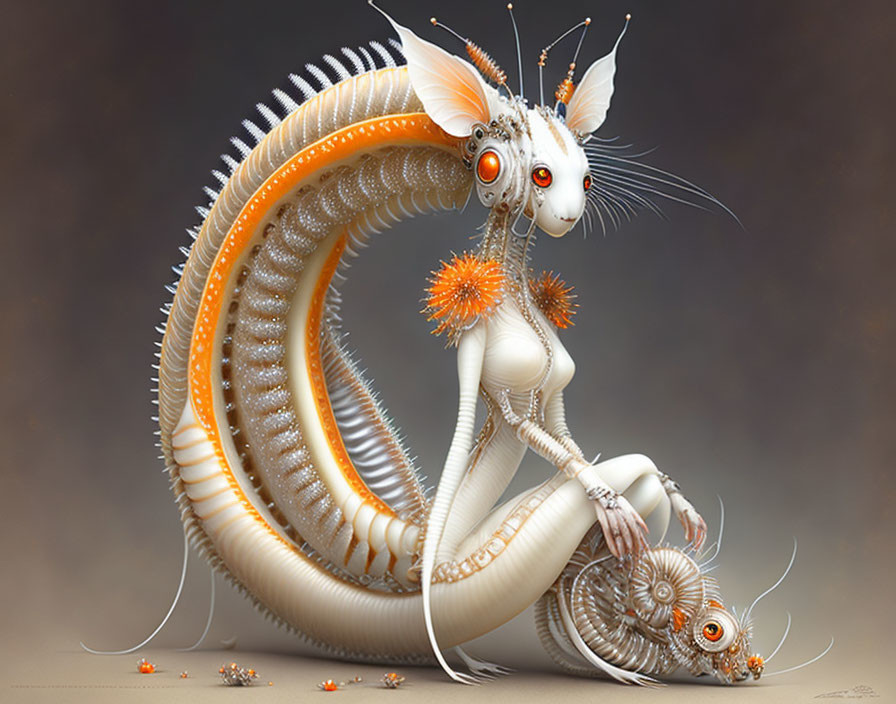 Surreal creature digital artwork: sinuous body, insectoid features, creamy white & orange.