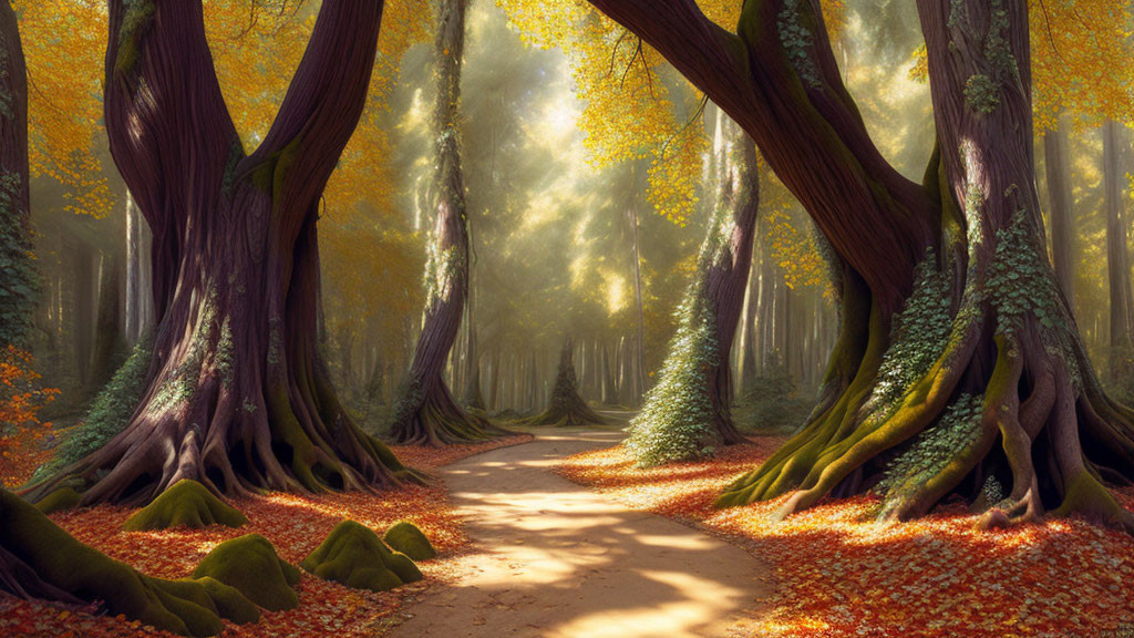 Tranquil forest path with towering trees and autumn sunlight