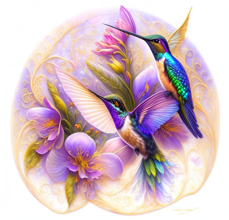 Vibrant hummingbirds near blooming purple flowers on pastel backdrop