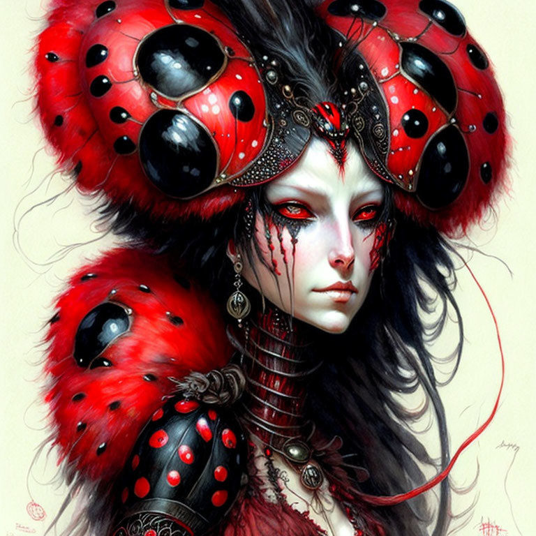 Pale-skinned woman in red and black ladybug attire with ornate headdress