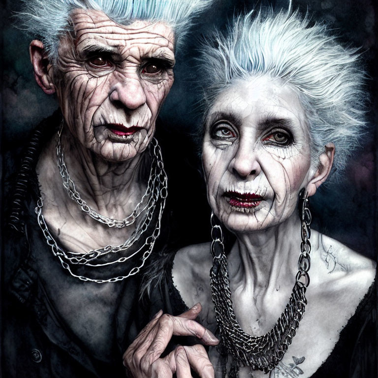 Elderly Couple Styled as Gothic Figures with Dark Makeup