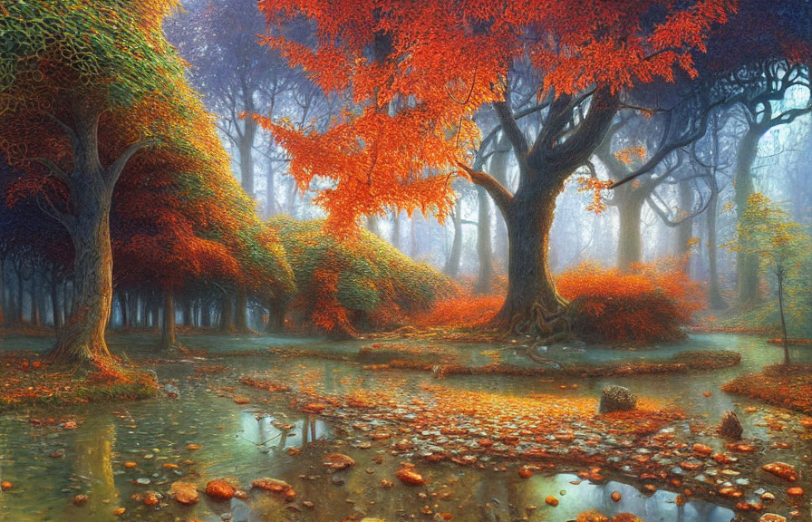 Tranquil Autumn Forest with Pond and Fallen Leaves