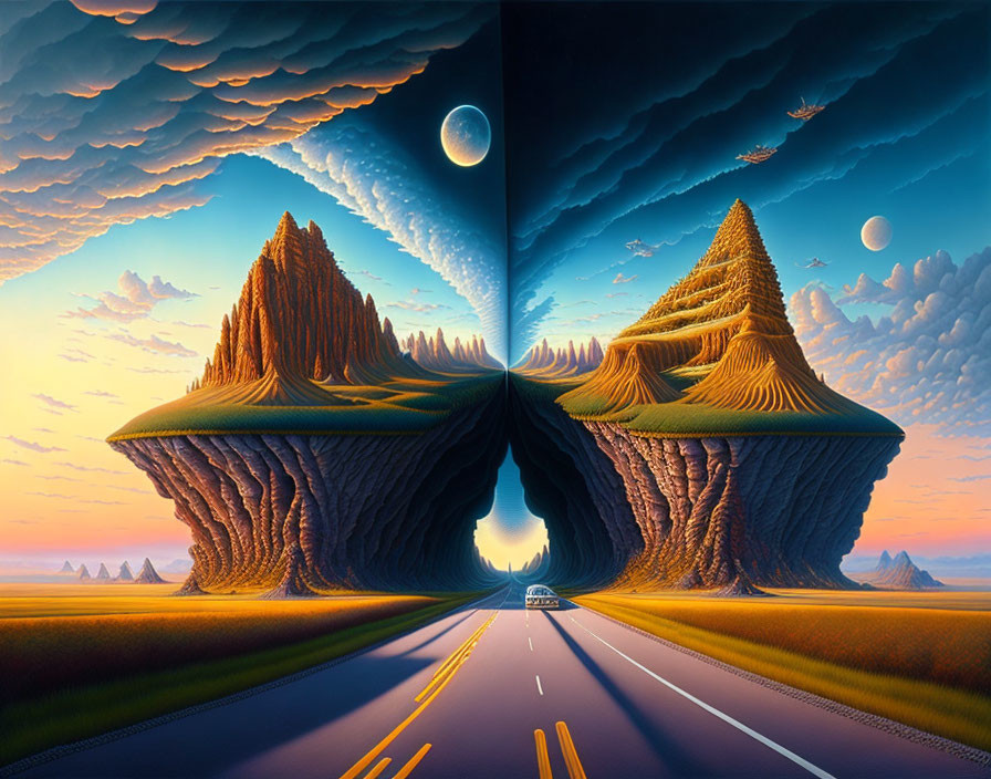 Surreal landscape with mirror-image mountain pass, split sky, and dual moons