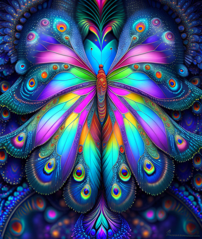 Colorful digital artwork of ornate butterfly with intricate patterns and peacock feather motifs