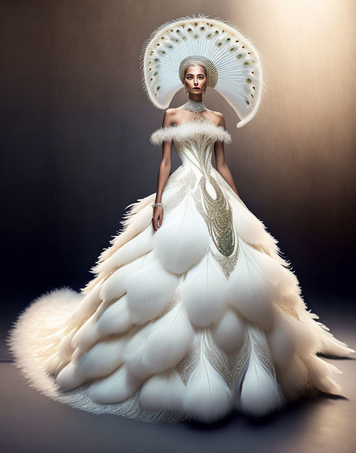 Woman in White Feathered Gown with Peacock-Feathered Headdress