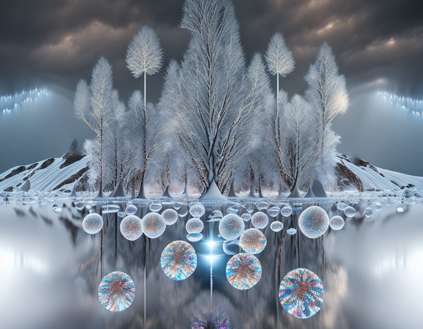 Mirrored trees and colorful orbs in surreal winter scene