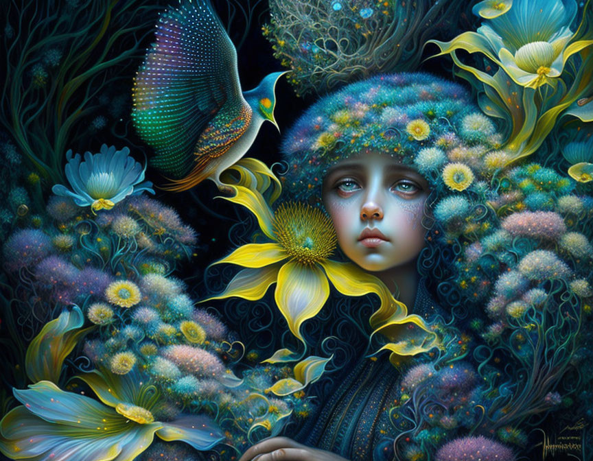 Surreal portrait of a girl with luminous flora and fantastical fish in vibrant colors