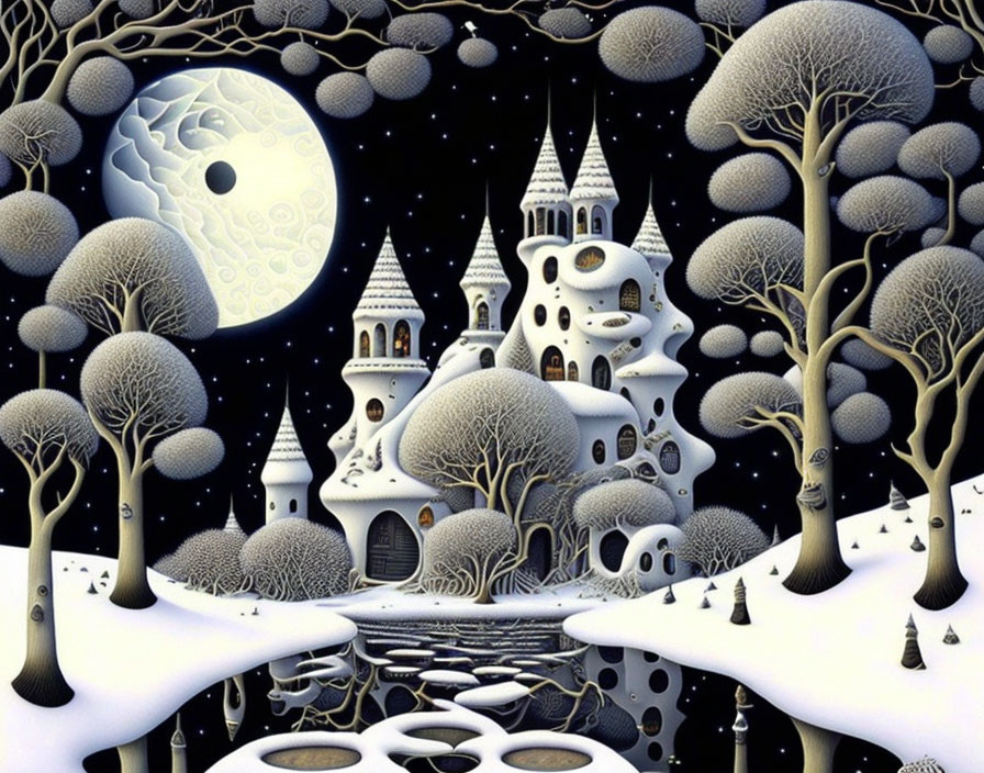 Surreal winter landscape with circular trees, moon, stars, and fantasy castle