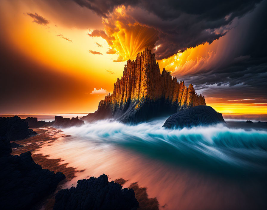 Dramatic Coastal Sunset with Fiery Rock Formation & Dynamic Clouds