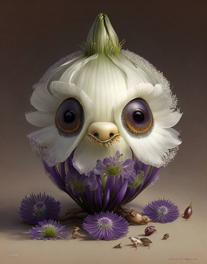 Illustration of owl-like onion with flowers and mushrooms