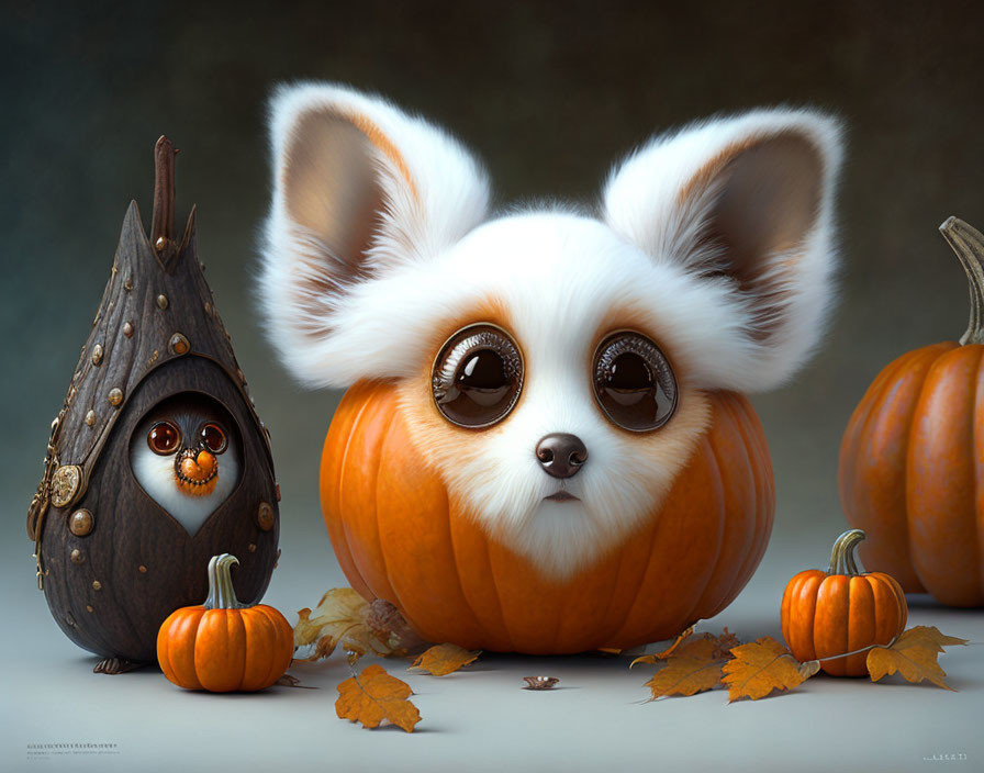 Whimsical illustration of fluffy creature in pumpkin with fantasy owl and pumpkins